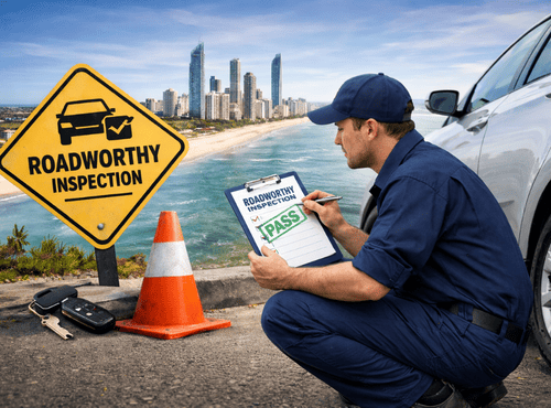 Roadworthy inspector completing a vehicle safety check on the Gold Coast.