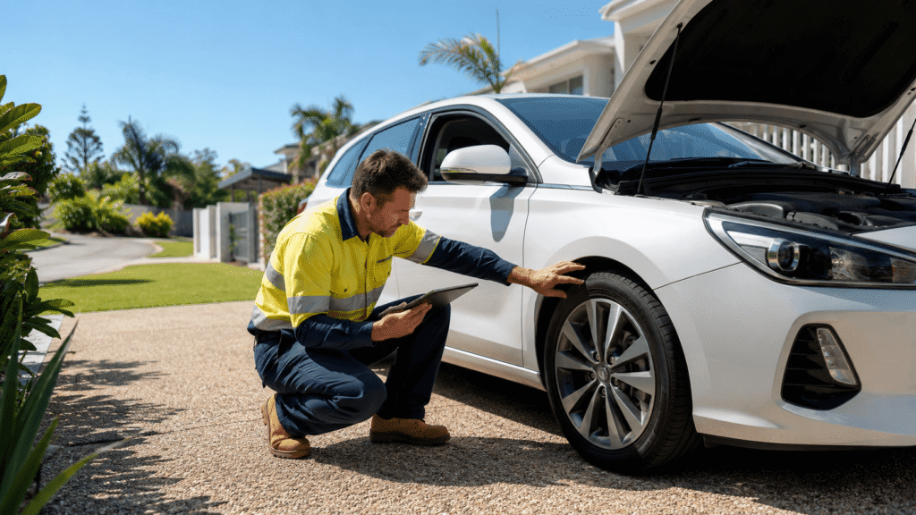 Mobile roadworthy inspector checking a car tyre at a Gold Coast home.