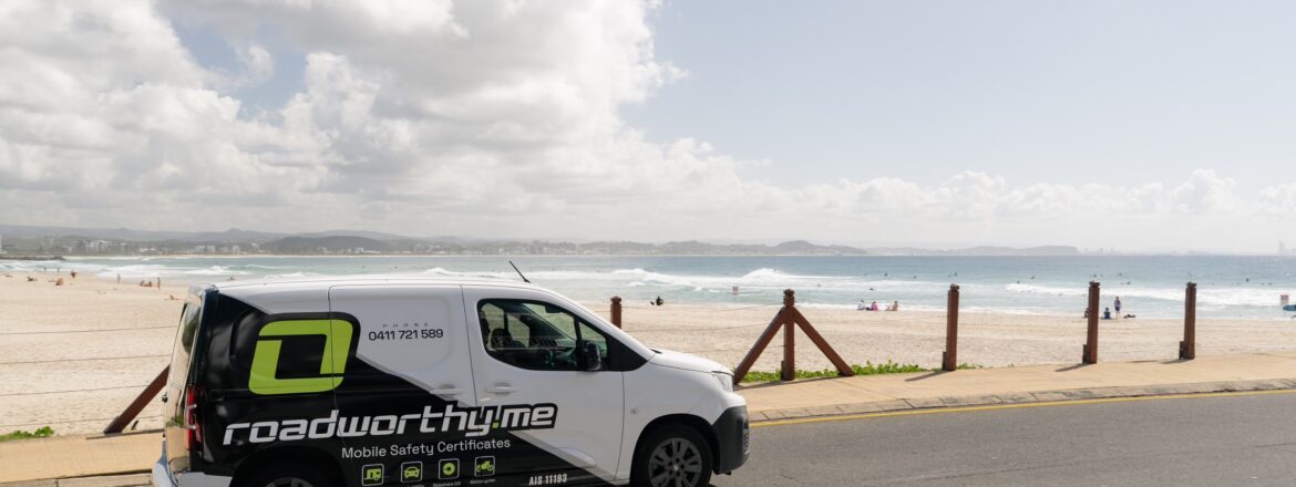 Roadworthy.me mobile inspection van driving along the Gold Coast beachfront