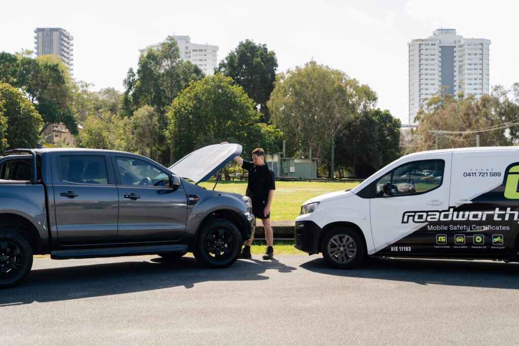 Ute inspection beside the Roadworthy.me van – mobile safety certificate in Varsity Lakes